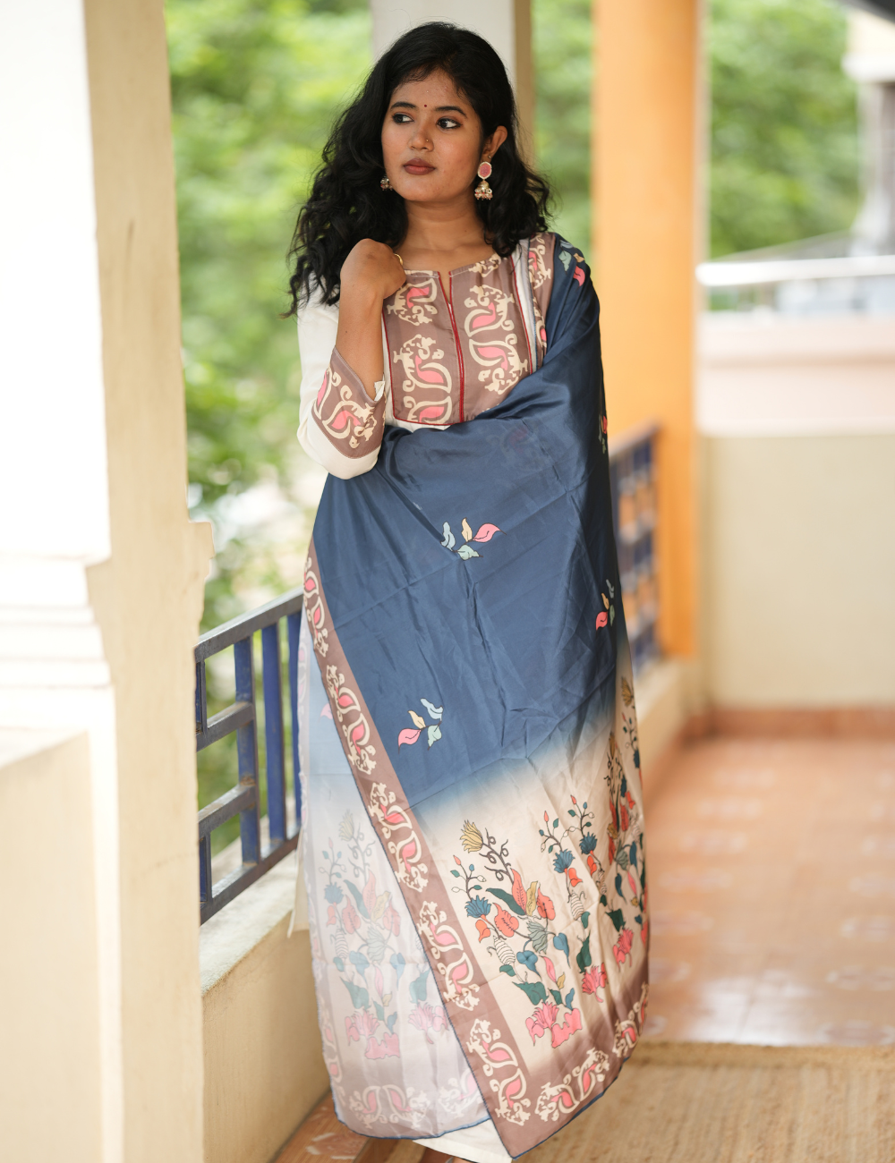 Serene Floral Roman Silk Kurti Set