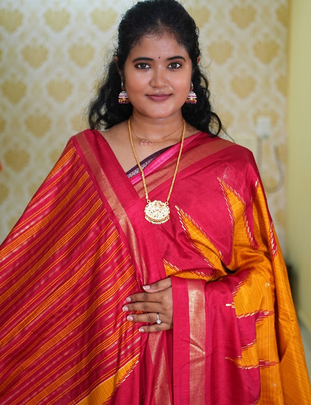 Mustard Maroon dola viscose crepe