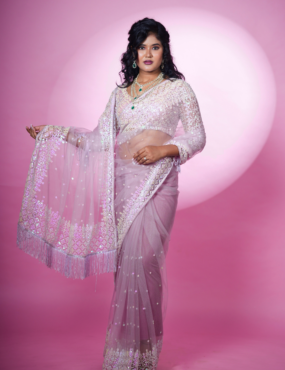 Lavender Sequins Soft Net Saree