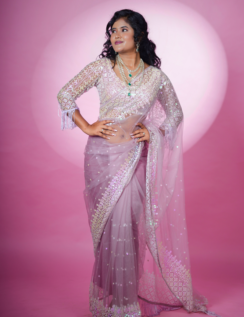 Lavender Sequins Soft Net Saree