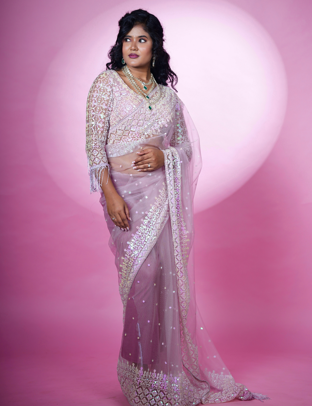 Lavender Sequins Soft Net Saree