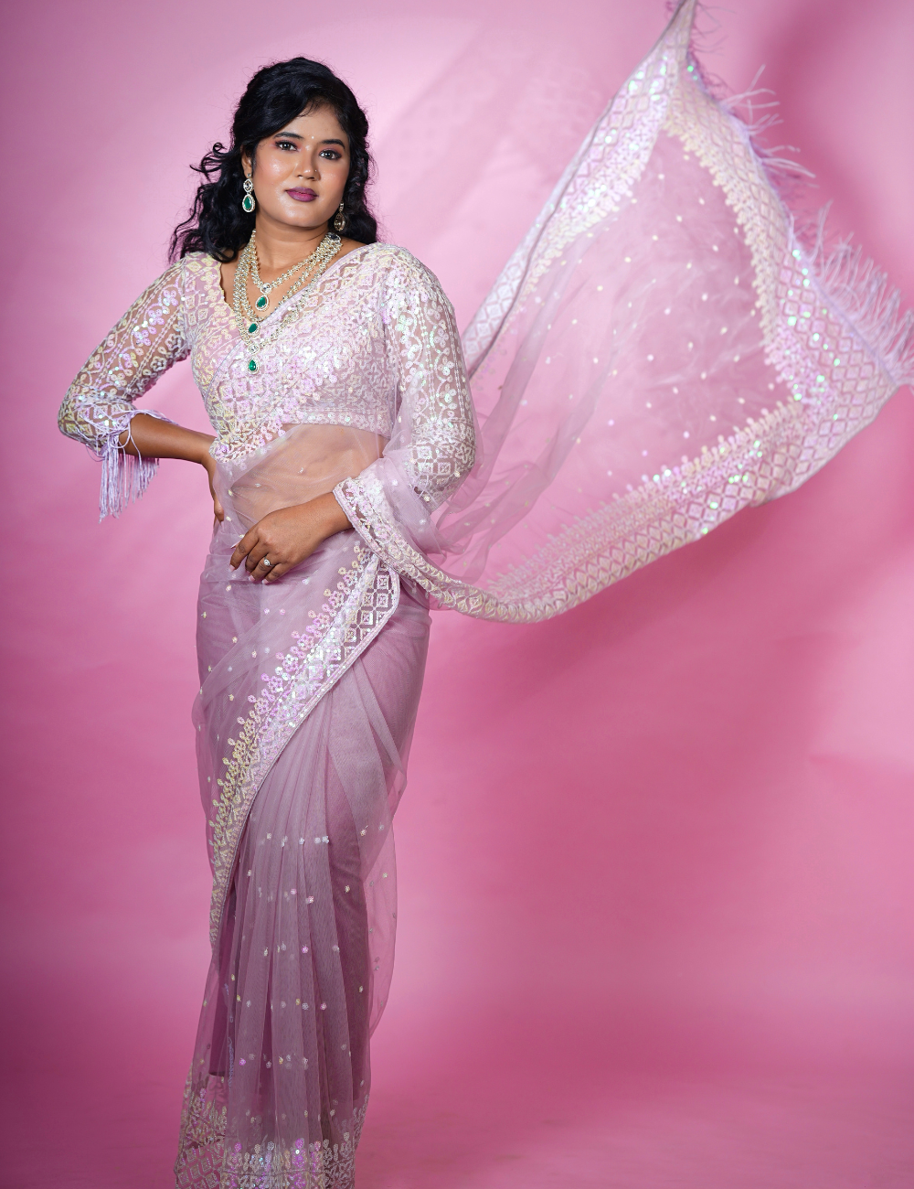 Lavender Sequins Soft Net Saree
