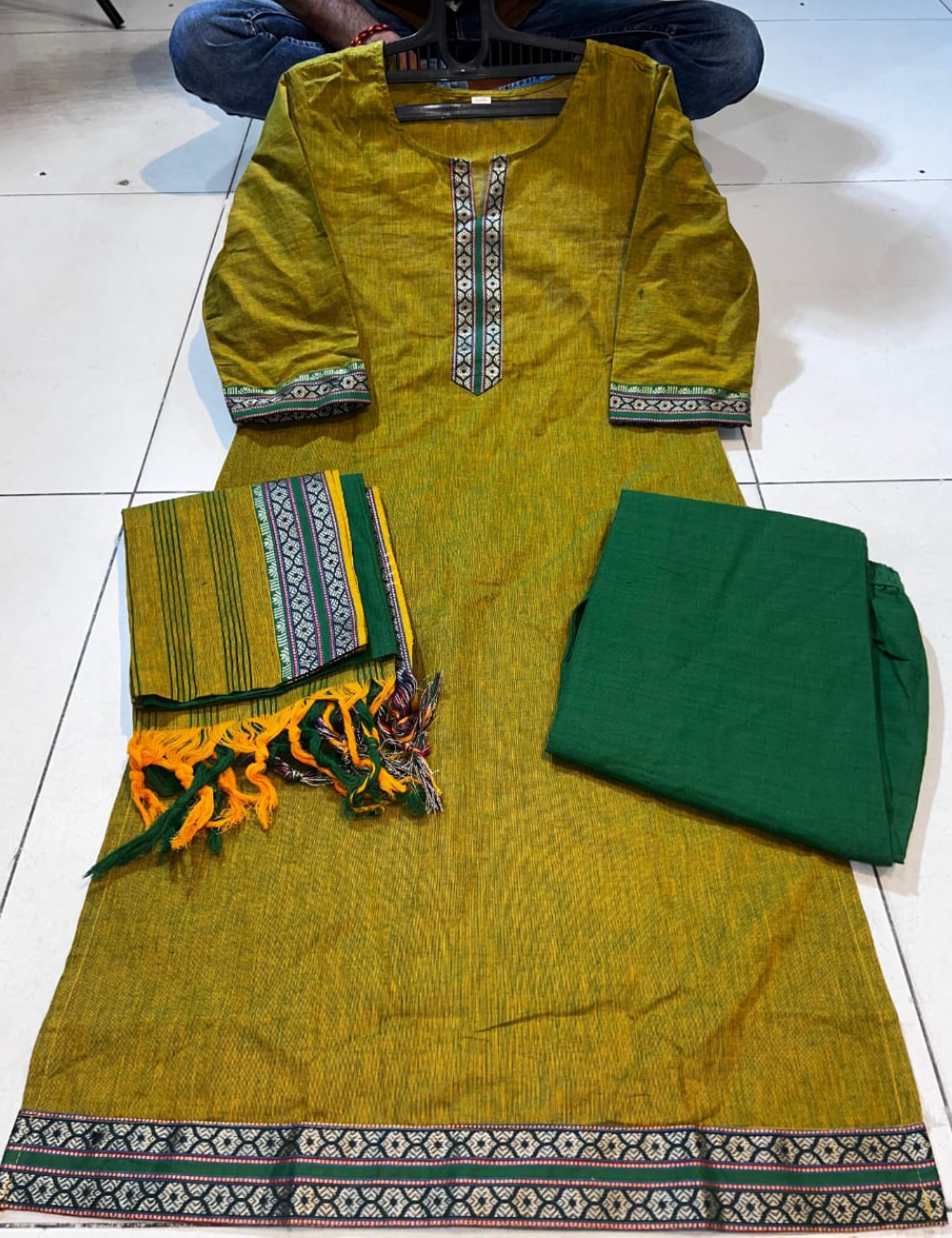 handloom silk cotton kurti suit with zari borders