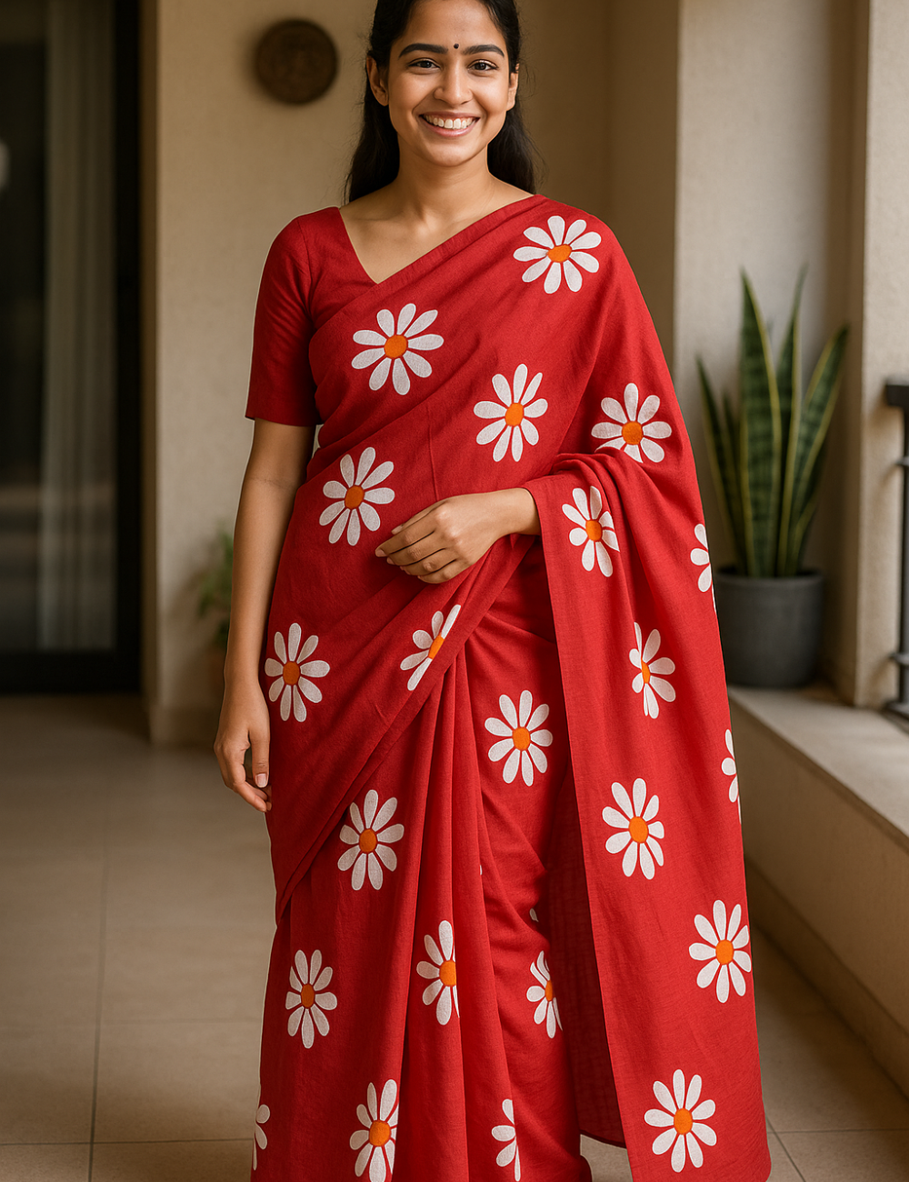 Scarlet Daisy - Khadi cotton saree