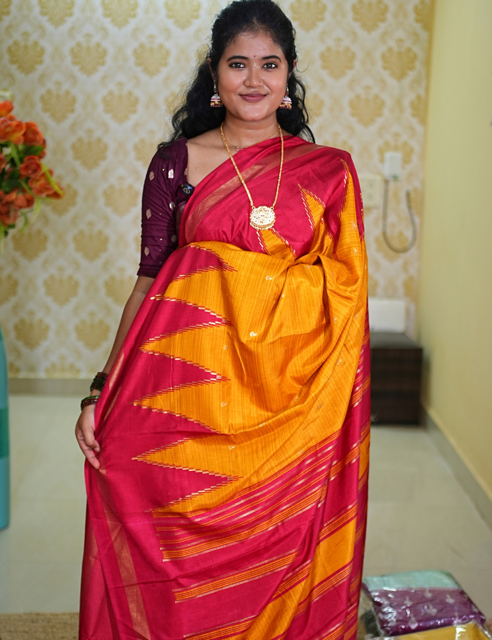 Mustard Maroon dola viscose crepe