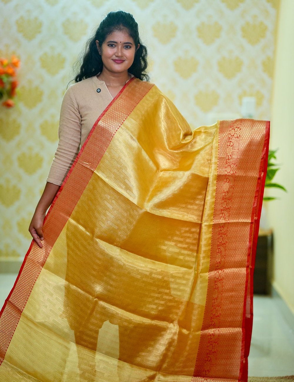 Golden Red Banarasi Zari Tanchui