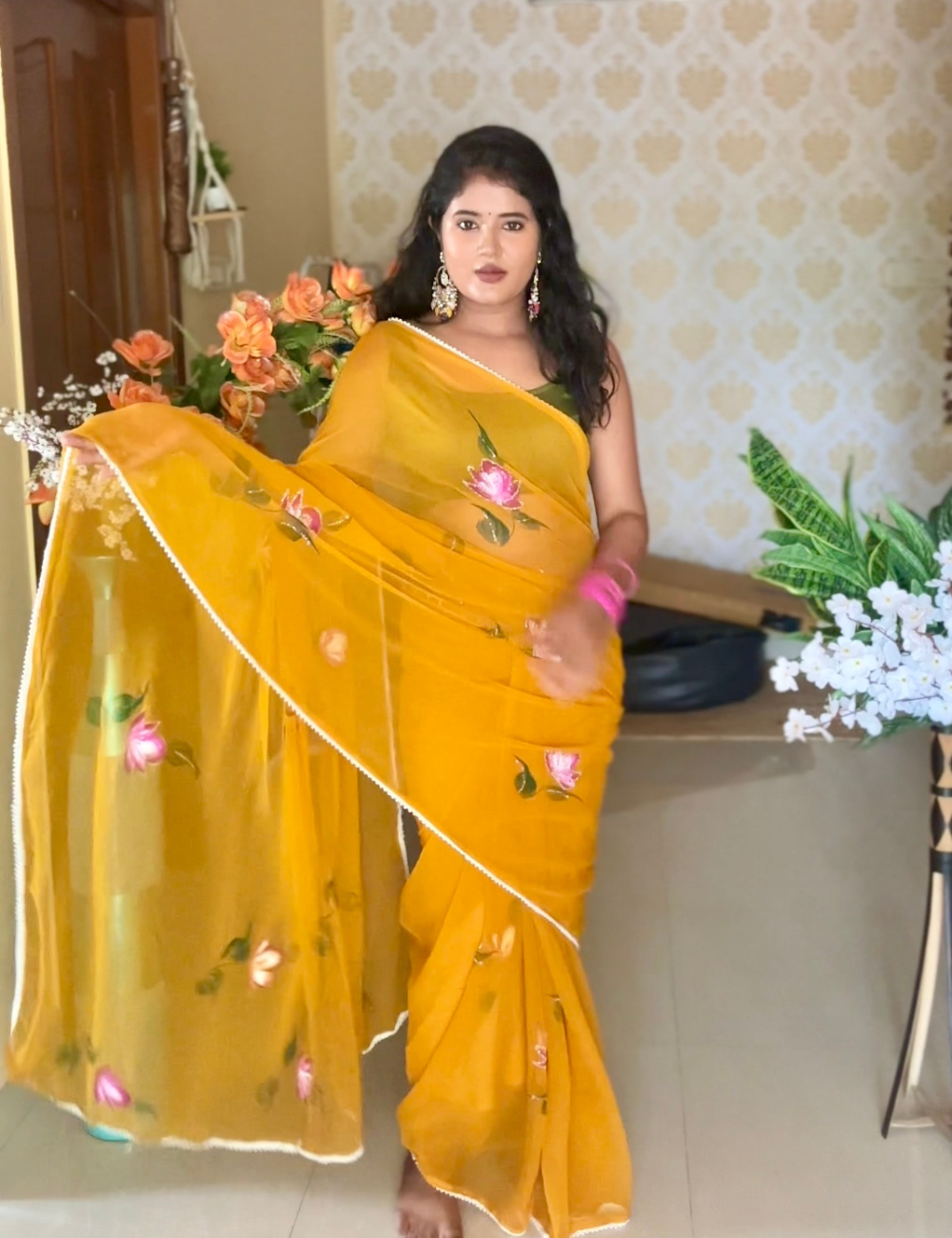 Georgette saree with flower blush print