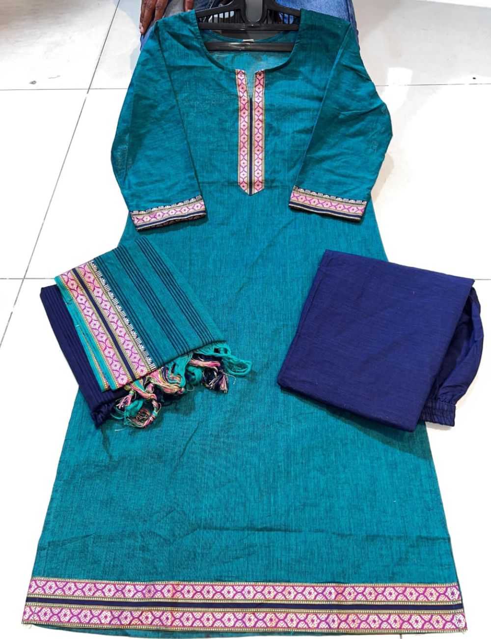 handloom silk cotton kurti suit with zari borders