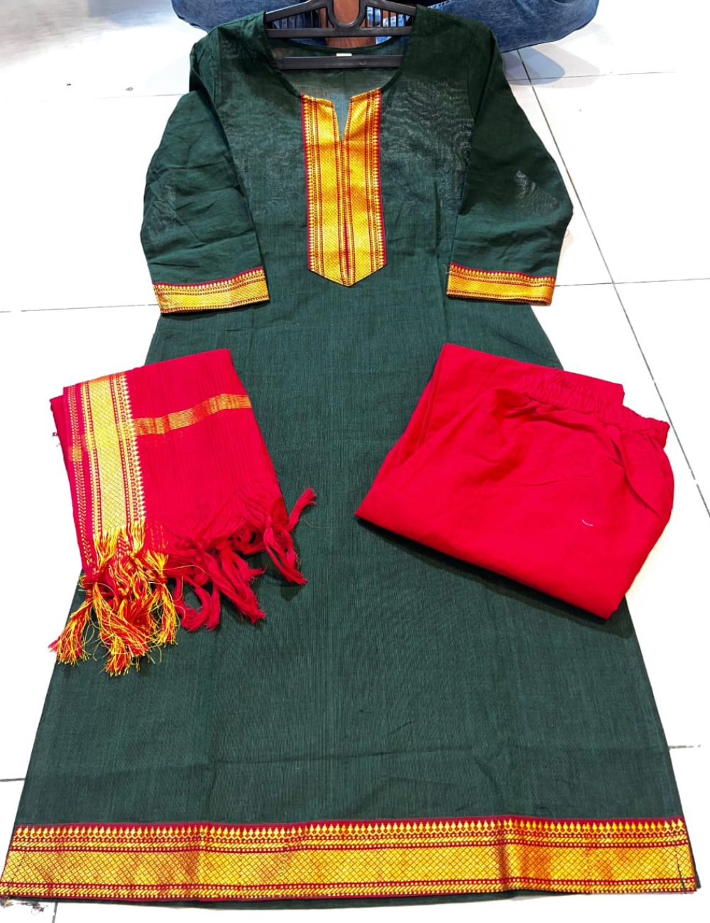 handloom silk cotton kurti suit with zari borders