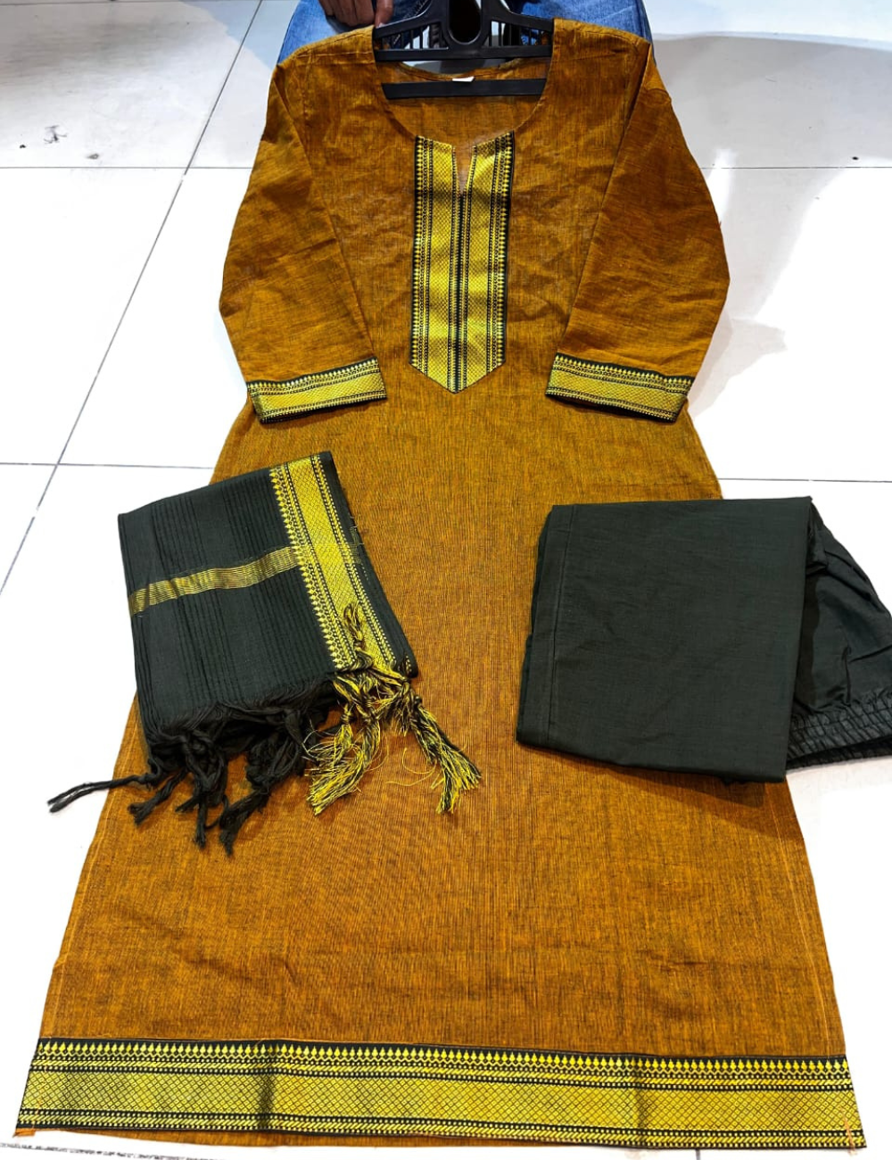 handloom silk cotton kurti suit with zari borders