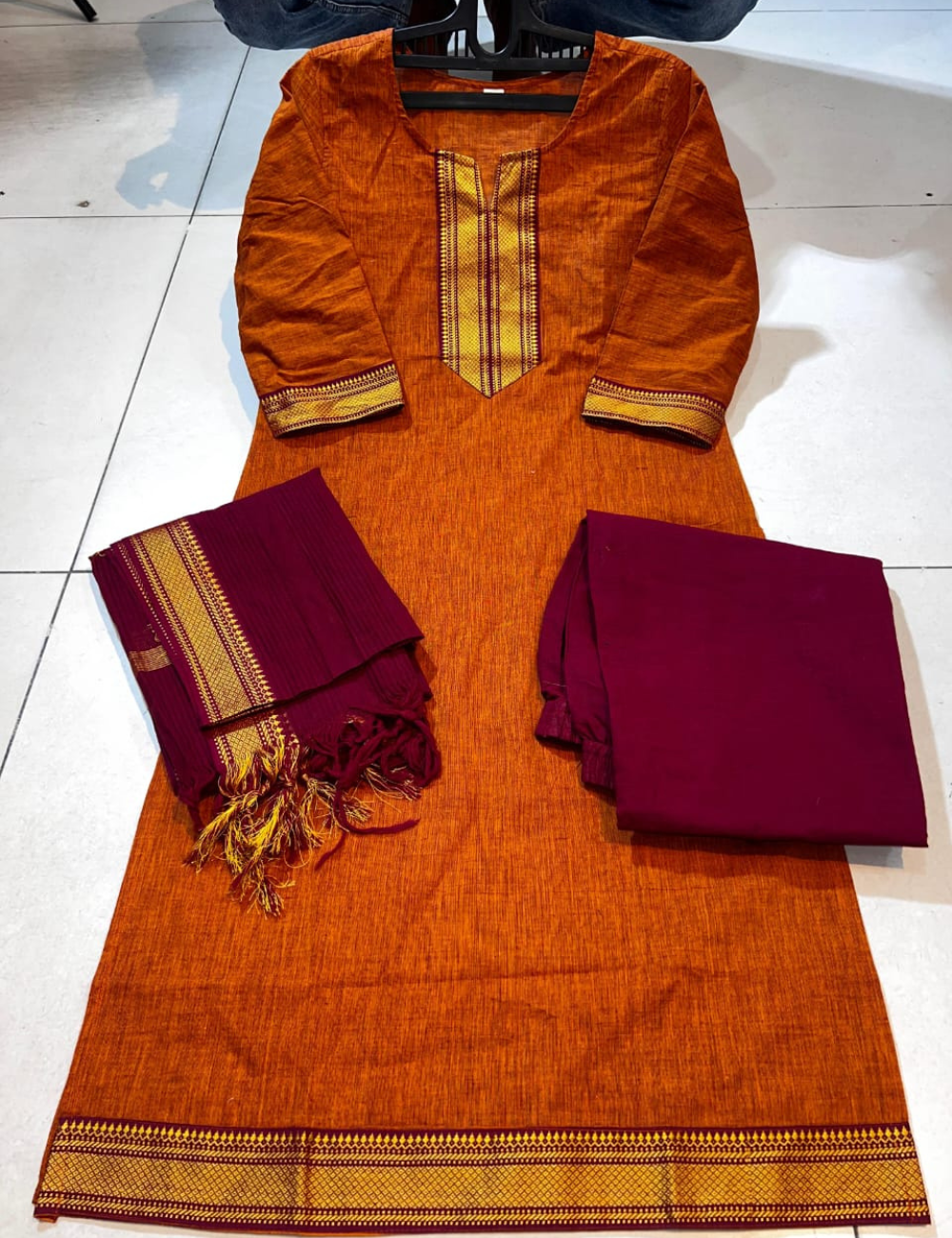 handloom silk cotton kurti suit with zari borders