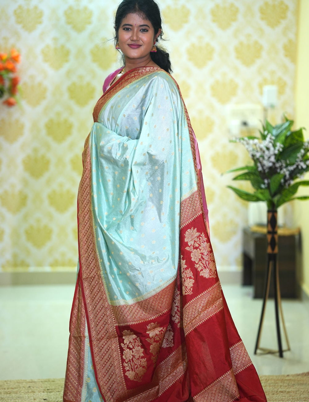Pastel green semi katan silk saree