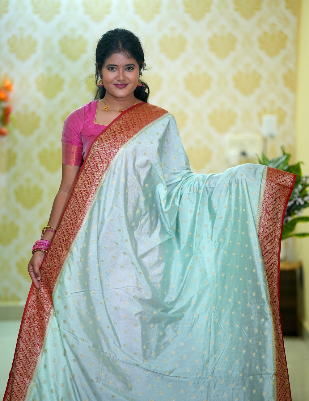 Pastel green semi katan silk saree