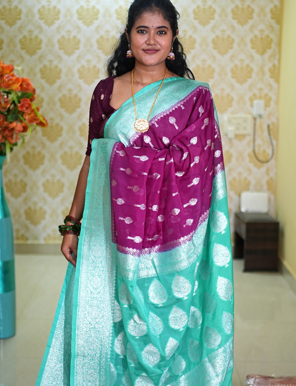 Wine - Torquoise Katan Georgette Saree