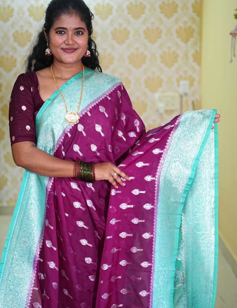Wine - Torquoise Katan Georgette Saree